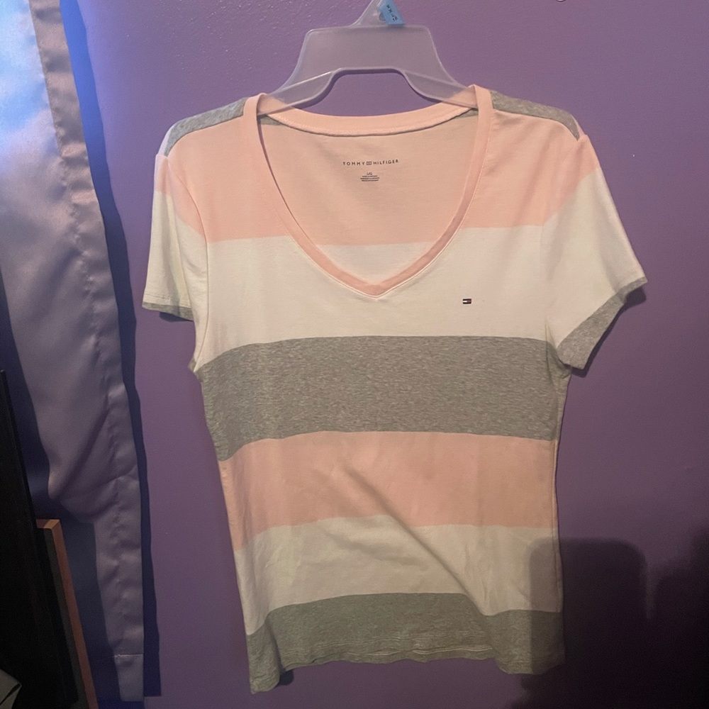 Pink, gray, and white v-neck